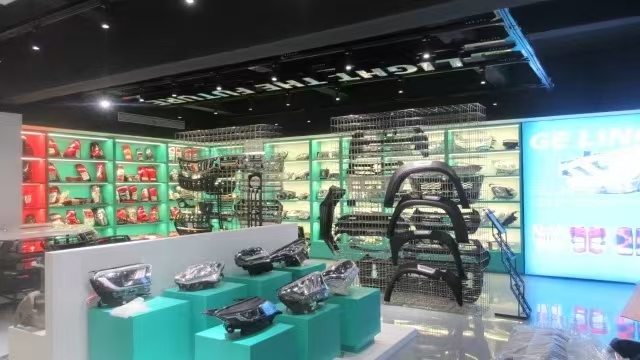 Product showroom displaying truck lighting and body parts